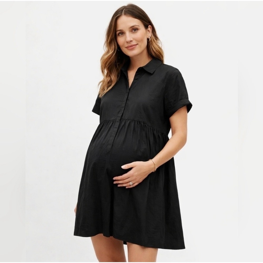 HATCH Cotton Poplin Maternity Shirt Dress Collared Button Short Black Size SMALL